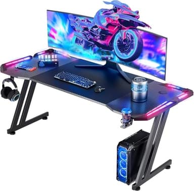 HLDIRECT 63 Inch Gaming Desk with LED Lights Carbon Fibre Surface Gaming Table Large Computer Desk Ergonomic Home Office Desks Z Shaped PC Gamer Workstations with Cup Holder & Headphone Hook Black - Image 1