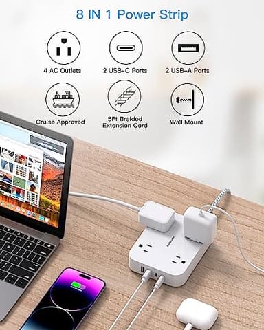 Flat Plug Extension Cord, HANYCONY 5ft Power Strip with 4 USB Ports(2 USB C), 4 Widely Outlets Extender, Wall Mount, Desk Charging Station for Office School Travel Dorm Room Essentials, ETL Listed - Image 6