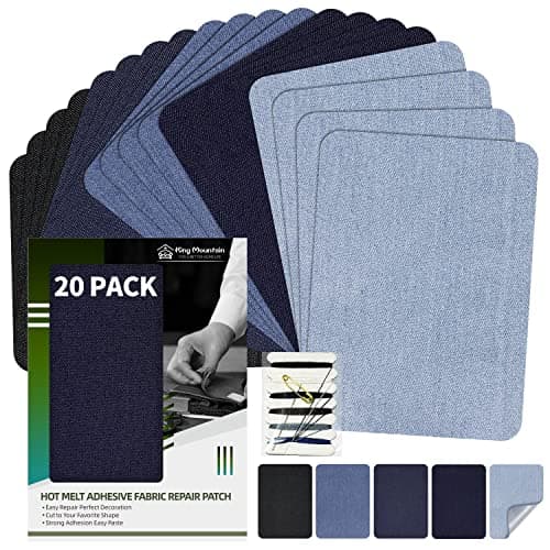 KING MOUNTAIN Iron-on Repair Patch 20 Pcs Pack,Denim Patches for Jeans Kit 3" by 4-1/4", 100% Cotton Denim Iron-on Repair Patch,Jeans and Clothing Repair and Decoration Kit (Five Color) - Image 1