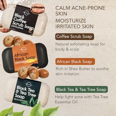 O NATURALS 100% Natural Bar Soap - Gift Set - Organic Ingredients & Essential Oils - Spa Gifts for Women & Men, Body Wash & Face Soap - 6PC Black Soap Collection - Image 3