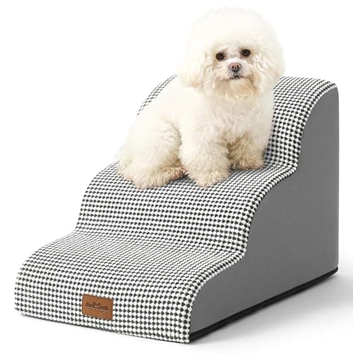 COZY KISS Dog Stairs for Small Dogs 15.7" H, Curved Dog Step for Puppy, Older Cat, Medium Pet Ramp for Sofa, Couch or Chair, Ladder with High Density Foam, 15.7x22.4x15.7 inch, 3 Step, White Black - Image 1