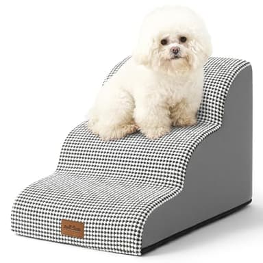 COZY KISS Dog Stairs for Small Dogs 15.7" H, Curved Dog Step for Puppy, Older Cat, Medium Pet Ramp for Sofa, Couch or Chair, Ladder with High Density Foam, 15.7x22.4x15.7 inch, 3 Step, White Black - Image 1