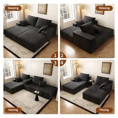 80” Oversized Double Lounge Chaise,Cloud Plush Sofa Bed,Upholstered Boneless Cloud Sofa Deep Seat,No Assembly Required,Modern Corduroy Sleeper Loveseat Chair for Living Room Bedroom Reading,Black - Image 3