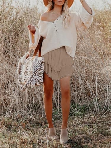 Aoudery Flowy Shorts for Women Casual Boho Ruffle Tiered Skorts High Waist Mini Skirts Golf Tennis Butterfly Crochet Shorts - Khaki XL - Image 3