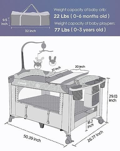 ADOVEL Baby Bassinet Bedside Crib, Pack and Play with Mattress, Diaper Changer and Playards from Newborn to Toddles, Grey - Image 6