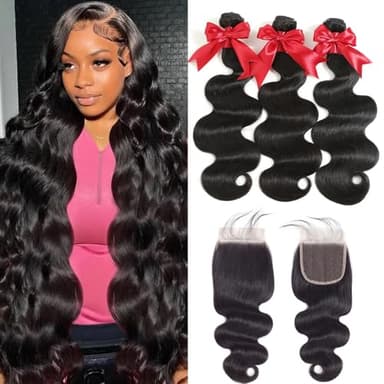 12A Human Hair Bundles with Closure 16 18 20 with 14 Inch Brazilian Body Wave 3 Bundles Human Hair with 4x4 HD Lace Closure 100% Unprocessed Virgin Human Hair Weave - Image 1