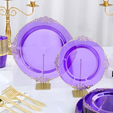 Bestluck 350 PCS Purple and Gold Plastic Plates, Disposable Dinnerware Set for 50 Guests, 100 Disposable Plates, 150 Silverwares, 50 Cups, 50 Napkins for Party, Wedding, Graduation - Image 4