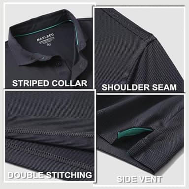 Mens Polo Shirts Long Sleeve Dry Fit Classic Regular Pin Striped Golf Polos for Men Black - Image 4