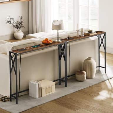 MAHANCRIS 78.7'' Narrow Sofa Table with Charging Station, 2 Pack Skinny Console Table, Long Entryway Hallway Couch Table with Power Outlets, Rustic Brown CTHR151E01S2 - Image 4