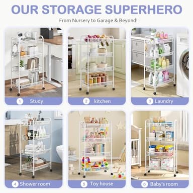 TOOLF 4-Tier Rolling Cart, Metal Utility Cart with 3 Hooks, Easy Assemble Mobile Storage Trolley On Wheels, Metal Shelving Units Kitchen Bathroom Laundry Room - Image 6