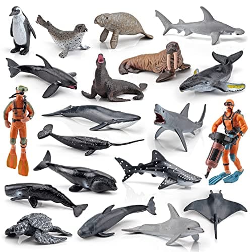 20pcs Mini Ocean Animal Figurines - Realistic Sea Creatures Toy Figures with Sharks, Whales & Diver Figures - Great for Kids' Parties, Cake Topepr & Gift - Image 1