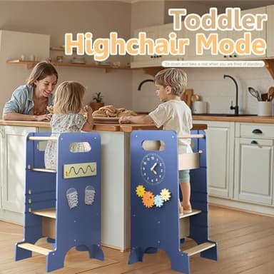 Toddler Tower 4-in-1 Multifunctional Kitchen Step Stool Helper with Removable Safety Board, Adjustable Heights, Slide, Highchair, Chalkboard, Montessori Games-Blue - Image 8