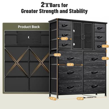Dresser for Bedroom with 12 Drawers, Charging Station & LED Light & Mesh Door, Large Chests of Drawers for Hallway, Living Room, Entryway, Wooden Top, Metal Frame, Black, 50.6" H x 37.8" W x 11.8" D - Image 4
