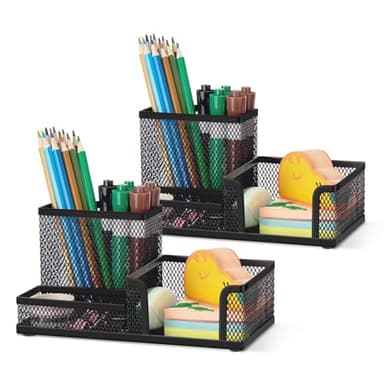 Comix Mesh Pen Pencil Holder Desk Organizer, 3 Compartment Wire Desktop Pen Pencil Cup Caddy Office Supplies Accessories for Home Office School, Black(2 Pack) - Image 1