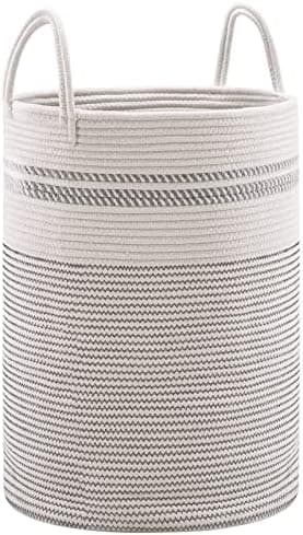 YOUDENOVA Woven Rope Laundry Hamper Basket, 58L Tall Luandry Basket, Baby Nursery Hamper for Blanket Storage, Clothes Hamper for Laundry in Bedroom-Large-Stripe White - Image 6