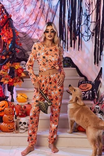 Ekouaer 2 Pack Womens Pajama Set Long Sleeve Sleepwear,Soft Pjs Lounge Sets Nightwear with Pockets Halloween Skull/Pumpkin Large - Image 4