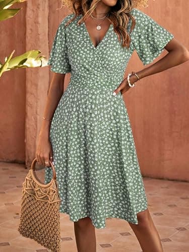 FENSACE Women's Casual Dresses Fit and Flare Green Floral Dress(Floral-32,Large) - Image 3
