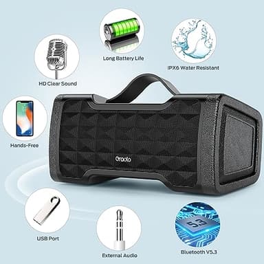 Oraolo Bluetooth Speaker Loud Portable Bluetooth Speaker, 40W Large Speakers Stereo Sound, IPX6 Waterproof, Support USB/AUX Input, Built-in Mic for Home Party Outdoor - Image 3