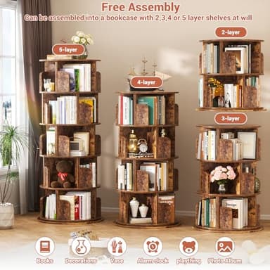 Besiost Rotating Bookshelf Tower, 5 Tier Spinning Bookcase, Revolving 360 Book Shelf Narrow Tall Bookcase, Vertical Turning Round Bookshelf Organizer, Corner Book Shelf for Small Space, Rustic Brown - Image 6