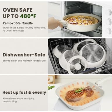 KIKCOIN Pots and Pans Set Non Stick: 7 Pack Ceramic Cookware Set with Detachable Handle, Healthy Non Toxic Kitchen Cooking Pots with Frying Pans, Grill Pan - Image 5