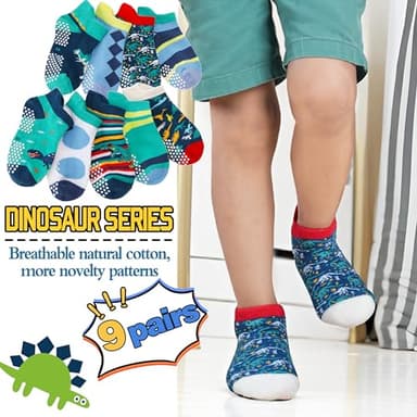 Welwoos Baby Boys Toddlers Grips Socks Kids Non Slip Anti Skid Ankle Fun Gifts Cotton No Show Socks with Grippers 9 Pairs (Dinosaur, 1-3T) - Image 3