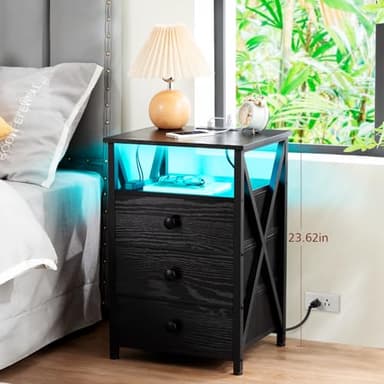 AMHANCIBLE Night Stand Set 2, LED Nightstand with Charging Station, End Side Tables with USB Port & Outlet, Bedside Table with Fabric Drawers for Bedroom Living Room, Black, HET053LBK - Image 4