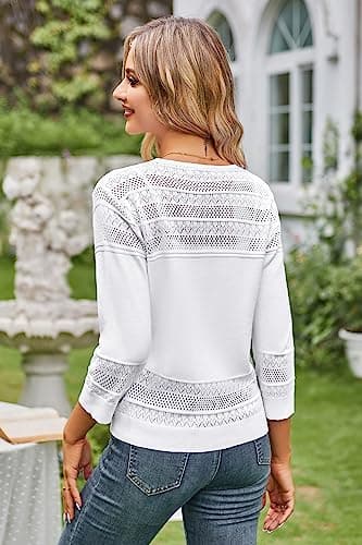 GRACE KARIN Women's Cropped Cardigan 3/4 Sleeve Lightweight Crochet Shrug Hollowed-Out Knit Sweater Tops Bright White L - Image 3