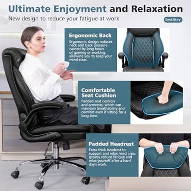 Office Chair, Ergonomic High Back Home Office Desk Chair, Big and Tall Breathable Leather Office Chair with Lumbar Support Flip-Up Armrests, Computer Chair with Rocking Function - Image 4