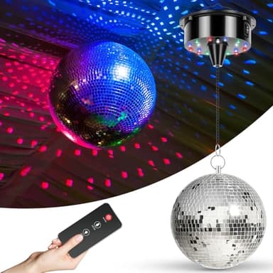ReyeeInc Disco Ball Light with Remote, Small 6in Hanging Mirror Ball and Battery Operated Rotating Motor with 4 Light Colors and 18 LEDs for Party Decor - Image 1