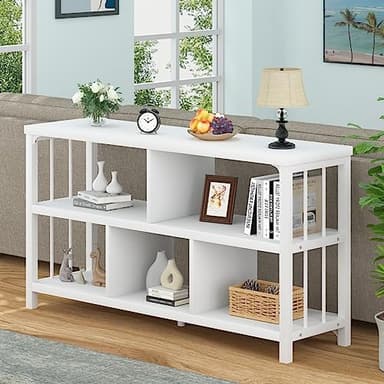IBF White Wood Bookshelf, Industrial Horizontal Cubby Book Shelf, Low Open Shelf Bookcase for Office Living Room, Modern Short Wide 5 Cube Storage Organizer for Books Display Bedroom, White Oak, 47 In - Image 3