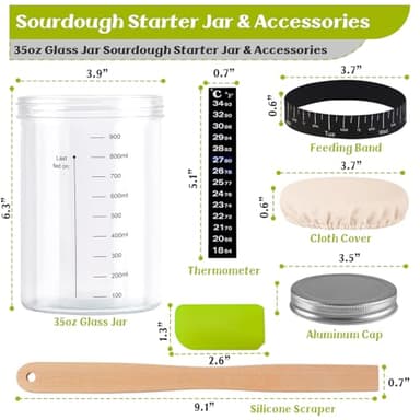 Tyniaide Sourdough Starter Jar, 1000ML/35Oz 2 Pack Sourdough Starter Kits with Thermometer Strip, Silicone Scraper, Cloth Cover, Aluminum Lid and Feeding Band, Sourdough Bread Baking - Image 2