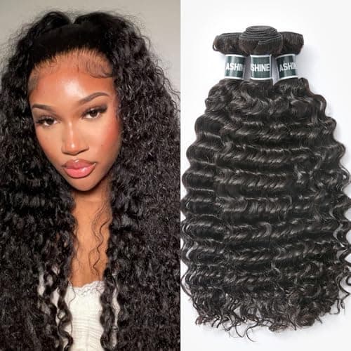 ASHINE Human Hair Bundles Deep Wave Unprocessed Cambodian Raw Hair 20 22 24 Inch, Flip Over Quick Weave Wet and Wave Bundles for Women Natural Black