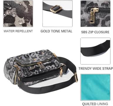 Women Fashion Tote Crossbody Handbags for Women Multi Pockets Shoulder Bag Nylon Travel Purse (Black Leopard) - Image 4