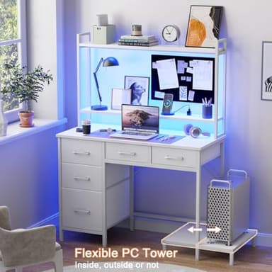 Korfile Computer Desk with Hutch, White Gaming Desk with Power Outlets & LED Ligthts & 5 Fabric Drawers, Home Office Desk with 2 Tiers Storage Shelves for Display (White Oak, 39 Inch) - Image 4