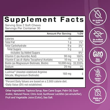 Force Factor Hair Growth Accelerator Soft Chews, Hair Growth Vitamins for Women and Men with Clinically Studied Lustriva and Biotin, Promotes Thicker, Fuller, Stronger Hair, Mixed Berry, 60 Soft Chews - Image 6