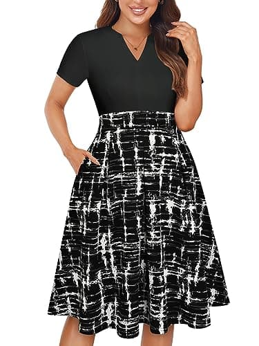 YATHON Church Dresses for Women 2024 Casual Plus Swing Patchwork Teacher Formal Dresses for Women Wedding Guest with Sleeves(YT228-Black Geome P1,XL) - Image 1