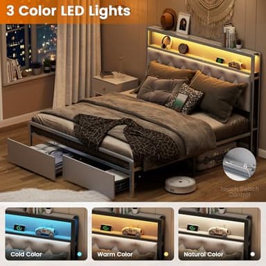 Queen Bed Frame,Bed Frame Queen Size with Headboard and Storage Shelves,Metal Platform Bed Frame with 2 Drawers & Charging Station & LED Lights,Noise-Free/Metal Slats Support/No Box Spring Needed,Grey - Image 4