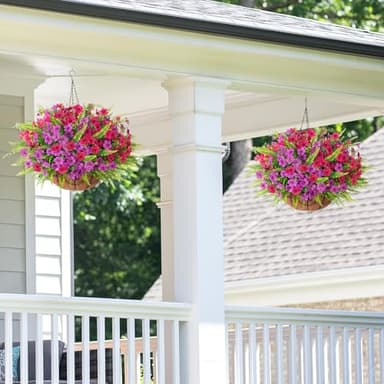 Artificial Fake Hanging Flowers Plants Basket for Outdoor Outside, 14 BundlesFaux Silk Colorful Daisy Fern in Planter UV Resistant Look Real for Porch Patio Garden Yard Home Decoration - Image 2