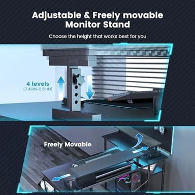Gaming Desk, 47 inch L Shaped Gaming Desk, Computer Desk with LED Lights & Adjustable Stand, Power Outlets, Storage Drawer, Reversible with Shelves, Hook, Black Carbon Fiber - Image 5