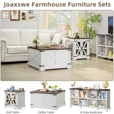 Joaxswe Farmhouse Coffee Table with Large Hidden Storage Compartment, Antique White Square Center Table, Wood Rustic Low Modern Living Room Tables with Hinged Lift Brown Top & Wooden Arc Base - Image 3