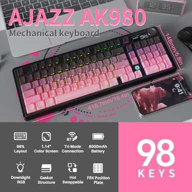 NACODEX Ajazz AK980 Pink Gaming Machanical Keyboard Gift Switch Full Size RGB Gasket Mount 8000mAh Triple Modes Custom Keyboard with Five Layer Pad | Knob Control - Image 2