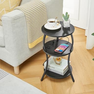 Small Round Side Table with Charging Station, 3-Tier Waist Circular End Table with Storage Shelf, Compact Tea Sofa Side Table Small Spaces, Round Corner Coffee Table for Living Room Bedroon,Black - Image 2