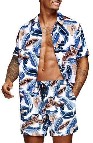 COOFANDY Men's Flower Shirt Hawaiian Sets Casual Button Down Short Sleeve Shirt Summer Beach 2 Piece Short Set - Image 1