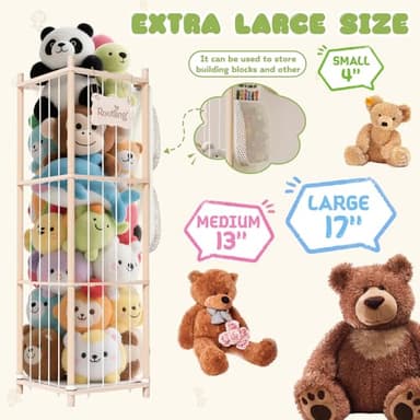 Stuffed Animal Storage & Organizer, 54 inch Tall Wooden Cute Zoo Toy Holder w/Building Block Storage Bag, Premium Wooden Material with Elastic Cord For Toddler Rooms, Playrooms & Bedrooms - Image 4