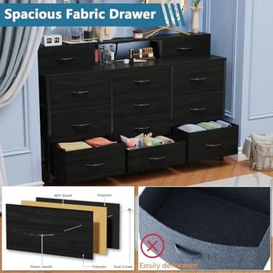 Furnulem 55" W Dresser for Bedroom with LED Lights and Power Outlets,Black Large 12 Storage Drawers Long Fabric Chests Dressers with 2 Shelves for Closet,Living Room,Entryway,Wooden Top,Metal Frame - Image 9