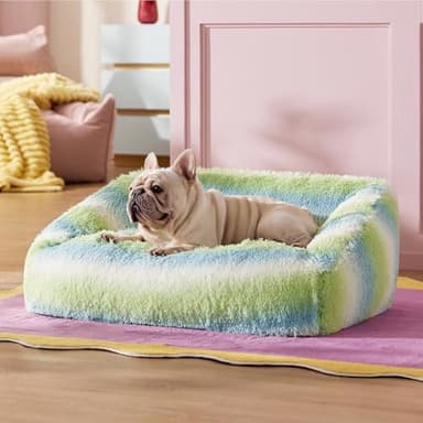 Lesure Dog Bed Medium Size - Cute Furry Calming Puppy Beds, Rectangle Washable Indoor Pet Beds with Removable Zipper Cover, 35x25x11inches, Green Stripe - Image 7