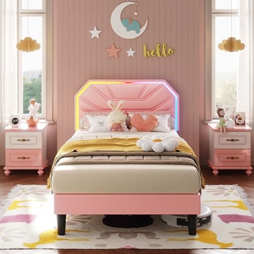 LIKIMIO Twin Bed Frames with LED Light Headboard, Upholstered Modern Cama Twin Platform Bed Frame with Heavy Duty Supports, No Box Spring Need, Noise Free, Easy Assembly, Pink - Image 1