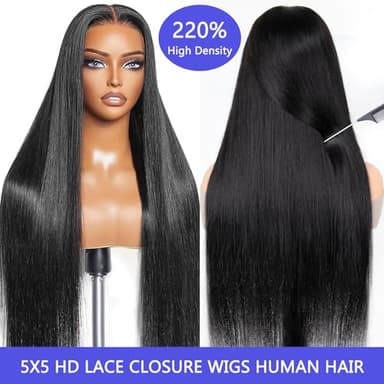 Tscom 30 Inch 5x5 HD Lace Closure Wigs Human Hair 220 Density Wear and Go Glueless Wigs Human Hair Pre Plucked Pre Cut with Baby Hair Bleached Knots 12A Ready to Wear Straight Wigs for Beginners - Image 2