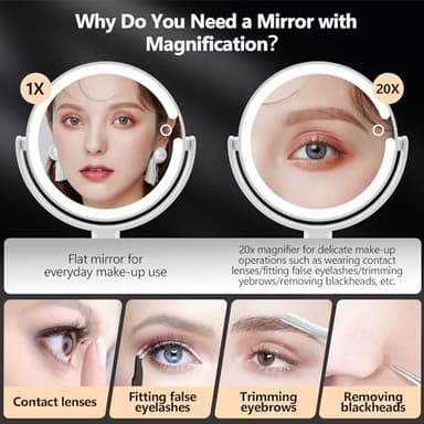 Makeup Mirror with Lights,20X Magnifying Mirror with Light and Touch Switch,Vanity Mirror with 3 Color Light and 80 LEDs,2-Sided Lighted Magnified Mirror 8.8 Inches - Image 4