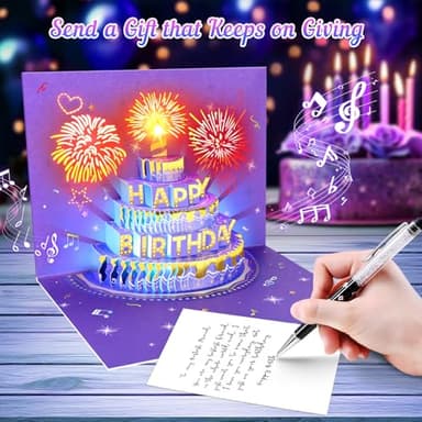 FITMITE Birthday Cards Birthday Gifts for Women Fireworks Pop Up Cake Light and Music Happy Birthday Card Purple Gold - Image 4